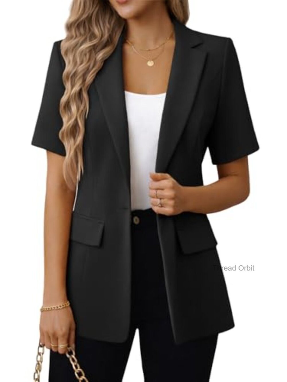 Women's Short Sleeve Open Front Blazer Lightweight Business Casual Work Jacket